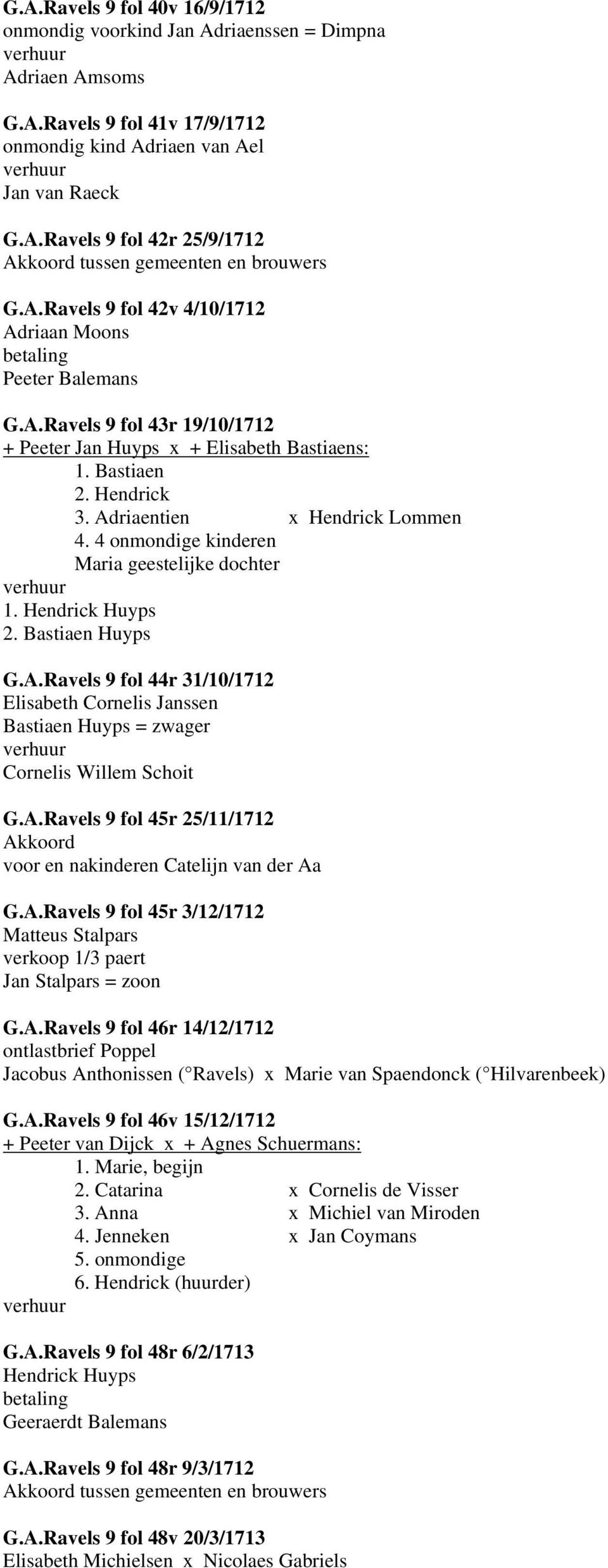 4 onmondige kinderen Maria geestelijke dochter 1. Hendrick Huyps 2. Bastiaen Huyps G.A.Ravels 9 fol 44r 31/10/1712 Elisabeth Cornelis Janssen Bastiaen Huyps = zwager Cornelis Willem Schoit G.A.Ravels 9 fol 45r 25/11/1712 Akkoord voor en nakinderen Catelijn van der Aa G.