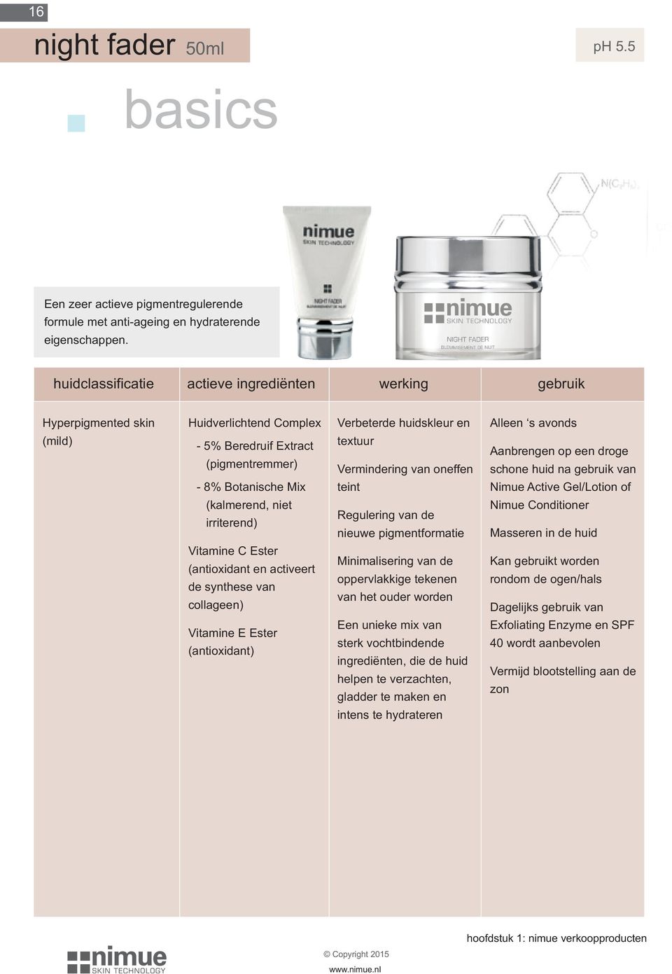 (antioxidant en activeert de synthese van collageen) Vitamine E Ester (antioxidant) Verbeterde huidskleur en textuur Vermindering van oneffen teint Regulering van de nieuwe pigmentformatie