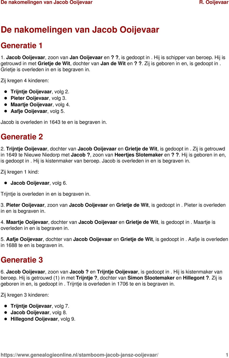 Pieter Ooijevaar, volg 3. Maartje Ooijevaar, volg 4. Aafje Ooijevaar, volg 5. Jacob is overleden in 1643 te en is begraven in. Generatie 2 2.