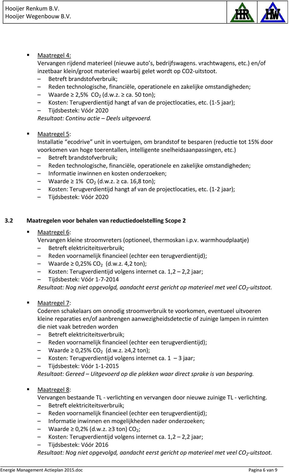 50 ton); Kosten: Terugverdientijd hangt af van de projectlocaties, etc. (1 5 jaar); Tijdsbestek: Vóór 2020 Resultaat: Continu actie Deels uitgevoerd.