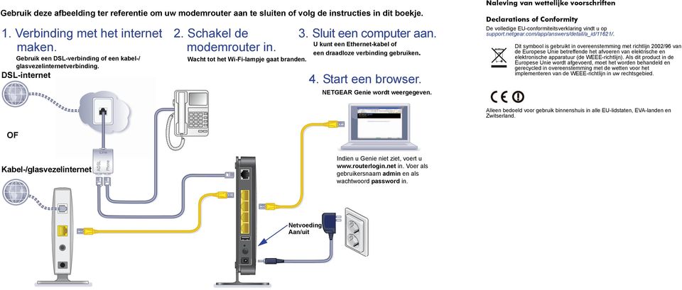 U kunt een Ethernet-kabel of een draadloze verbinding gebruiken. 4. Start een browser. NETGEAR Genie wordt weergegeven.