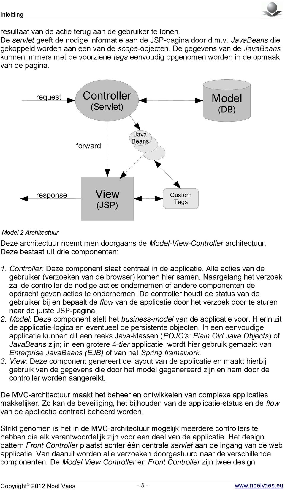 request Controller (Servlet) Model (DB) forward Java Beans response View (JSP) Custom Tags Model 2 Architectuur Deze architectuur noemt men doorgaans de Model-View-Controller architectuur.