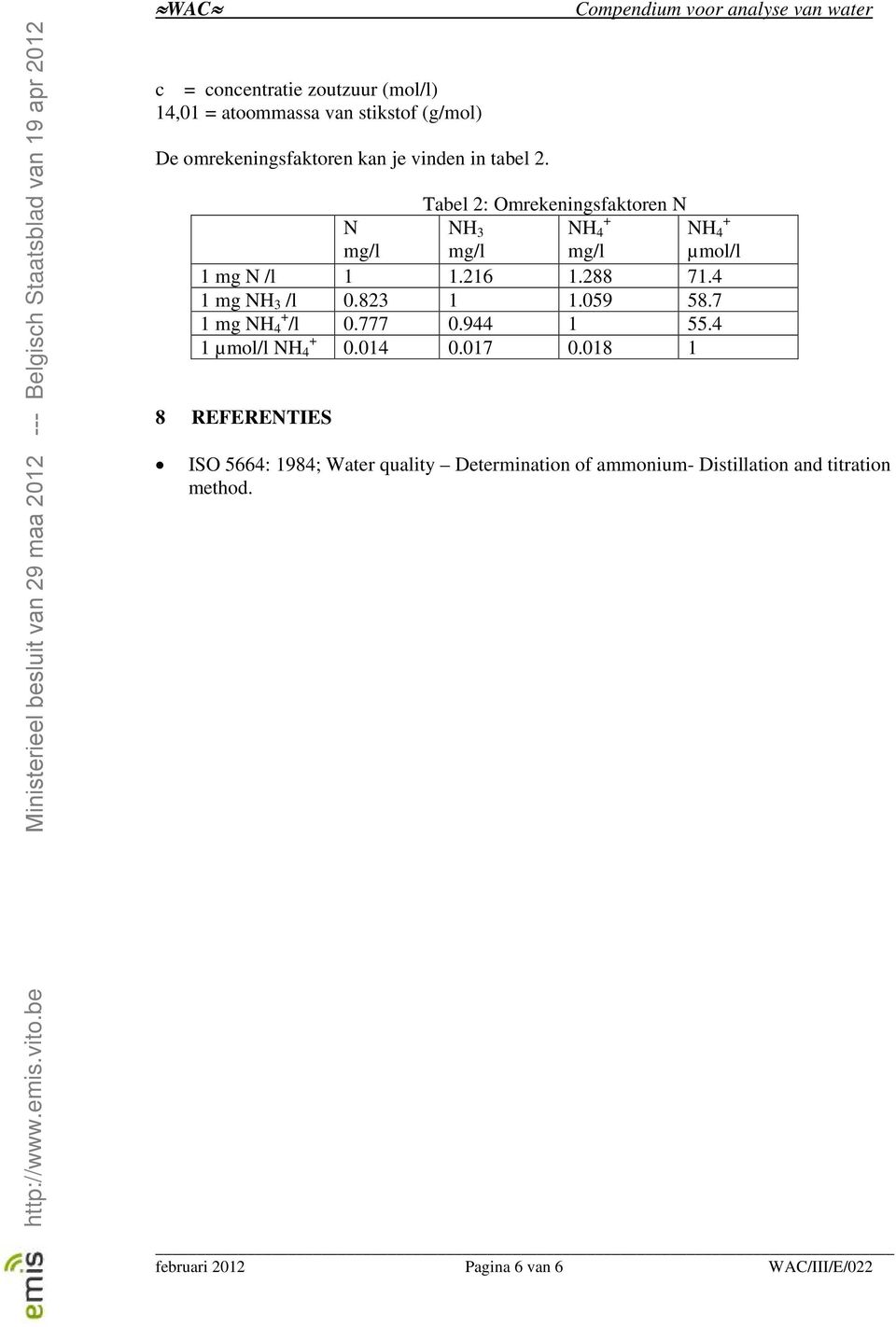 4 1 mg NH 3 /l 0.823 1 1.059 58.7 1 mg NH + 4 /l 0.777 0.944 1 55.4 + 1 µmol/l NH 4 0.014 0.017 0.