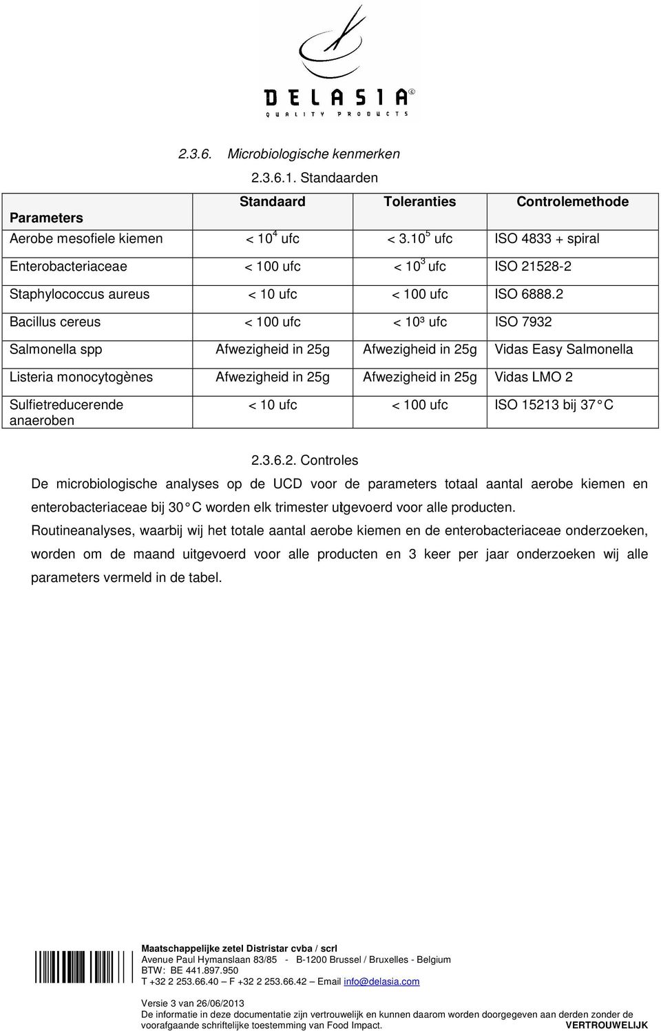 2 Bacillus cereus < 100 ufc < 10³ ufc ISO 7932 Salmonella spp Afwezigheid in 25g Afwezigheid in 25g Vidas Easy Salmonella Listeria monocytogènes Afwezigheid in 25g Afwezigheid in 25g Vidas LMO 2