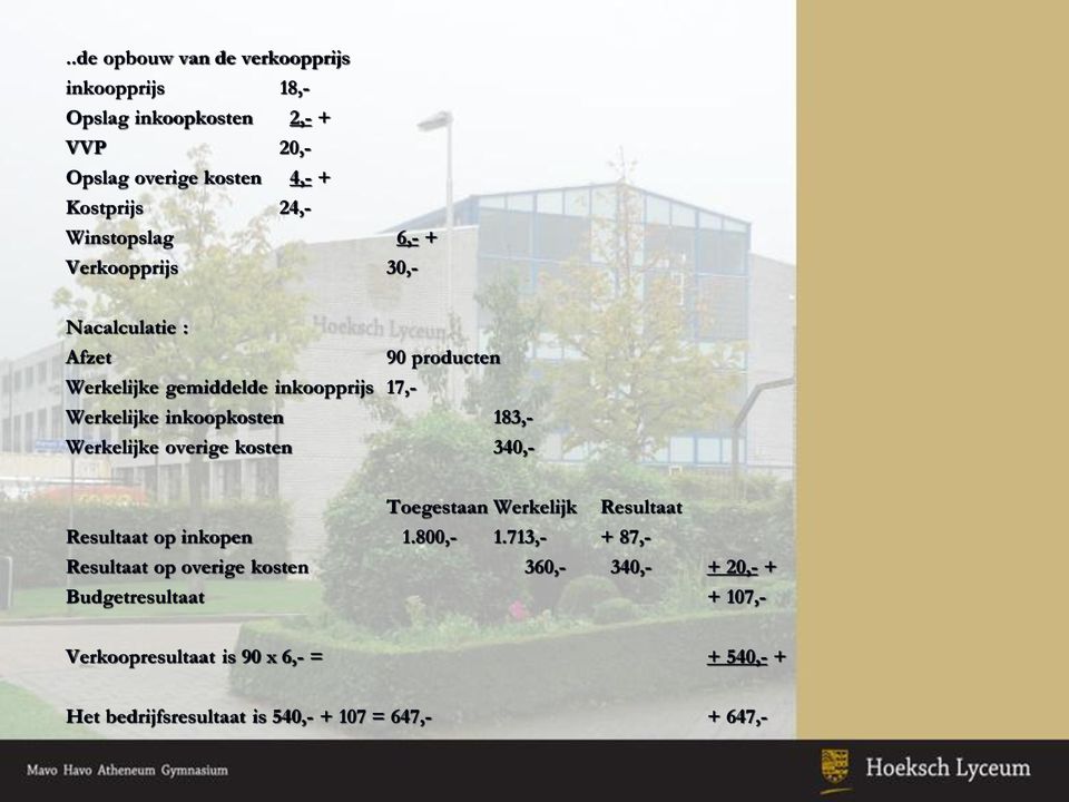 183,- Werkelijke overige kosten 340,- Toegestaan Werkelijk Resultaat Resultaat op inkopen 1.800,- 1.