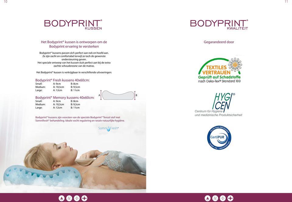 Het Bodyprint kussen is verkrijgbaar in verschillende uitvoeringen: Bodyprint Fresh kussens 40x60cm: Small: A: 9cm B: 8cm Medium: A: 10,5cm B: 9,5cm Large: A: 12cm B: 11cm Bodyprint Memory kussens