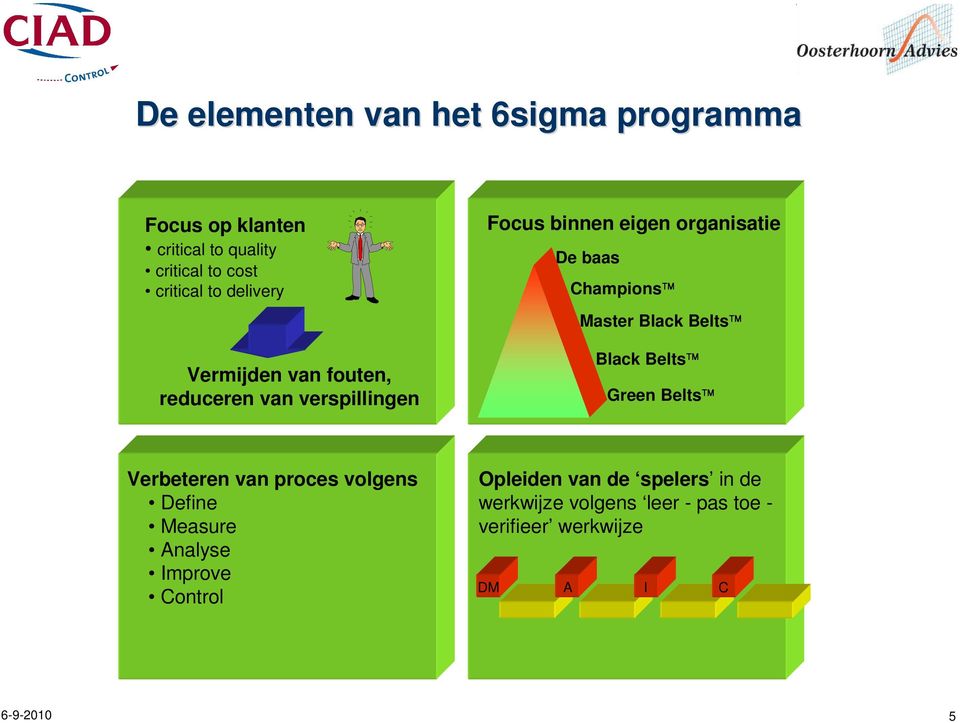 Champions Master Black Belts Black Belts Green Belts Verbeteren van proces volgens Define Measure Analyse