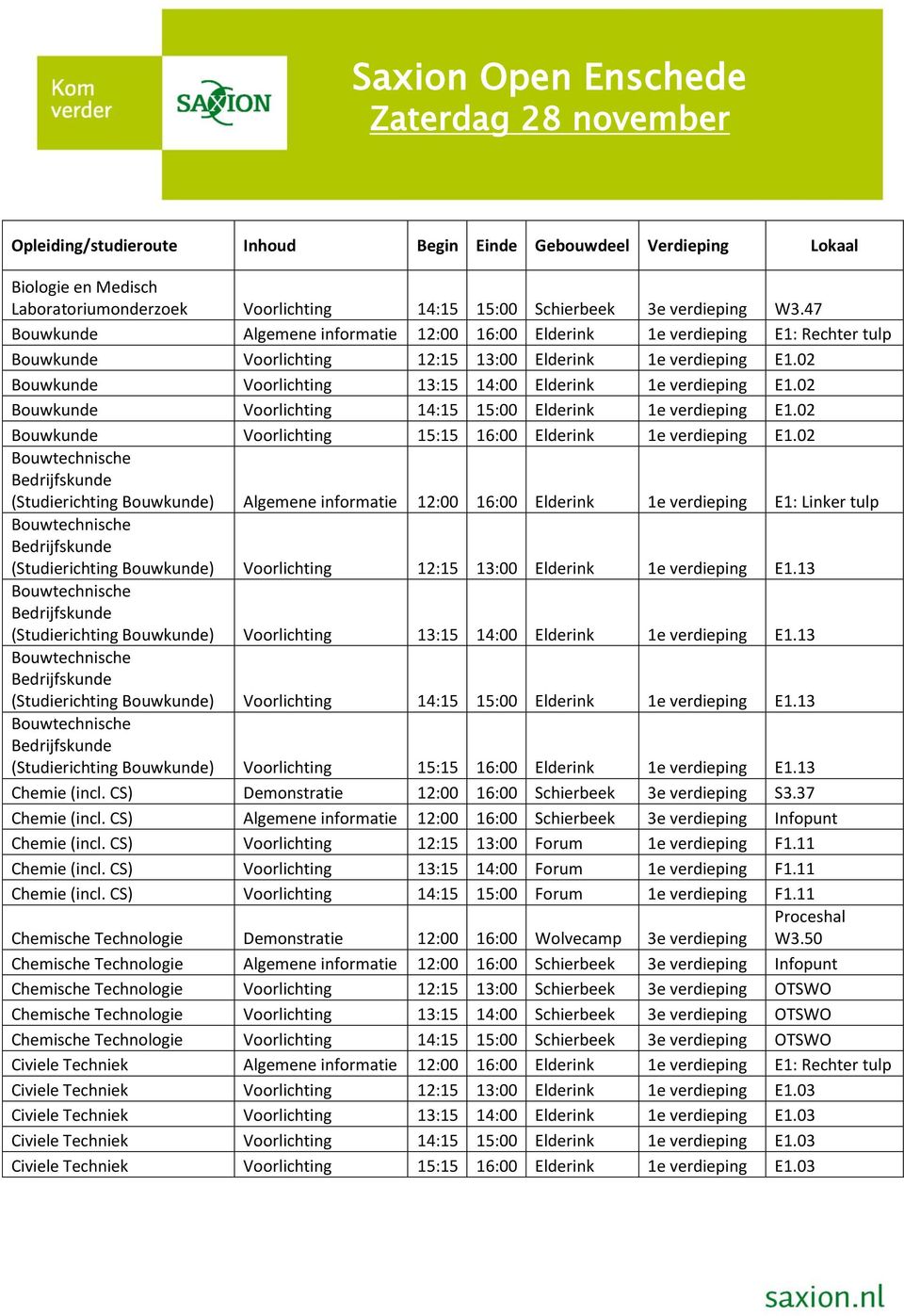 02 Bouwkunde Voorlichting 13:15 14:00 Elderink 1e verdieping E1.02 Bouwkunde Voorlichting 14:15 15:00 Elderink 1e verdieping E1.02 Bouwkunde Voorlichting 15:15 16:00 Elderink 1e verdieping E1.