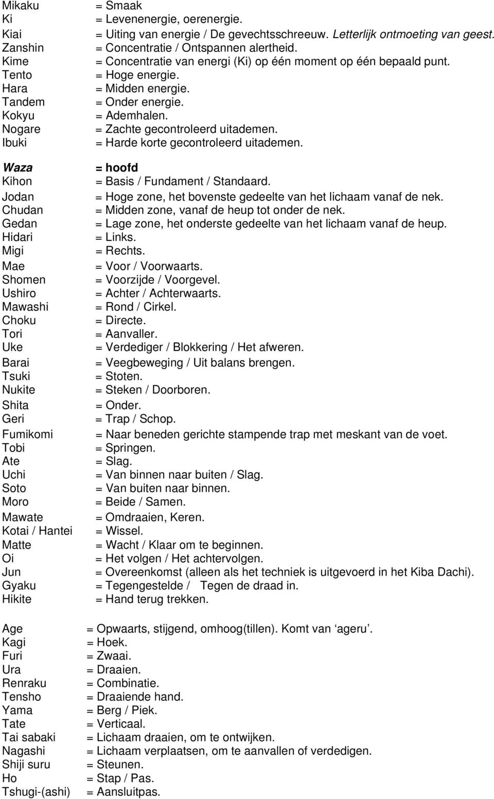 = Uiting van energie / De gevechtsschreeuw. Letterlijk ontmoeting van geest. = Concentratie / Ontspannen alertheid. = Concentratie van energi (Ki) op één moment op één bepaald punt. = Hoge energie.