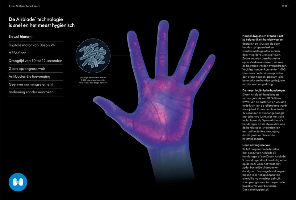 Handen hygiënisch drogen is net zo belangrijk als handen wassen Bacteriën en virussen die door handen op oppervlakken worden achtergelaten kunnen daar meerdere uren overleven.