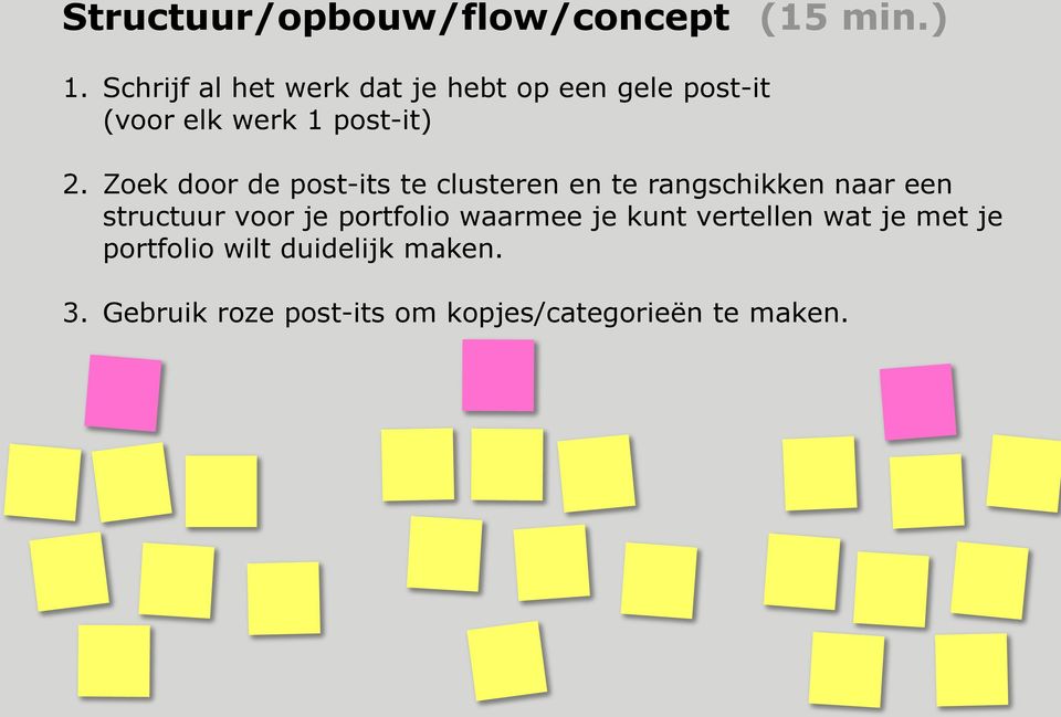 Zoek door de post-its te clusteren en te rangschikken naar een structuur voor je