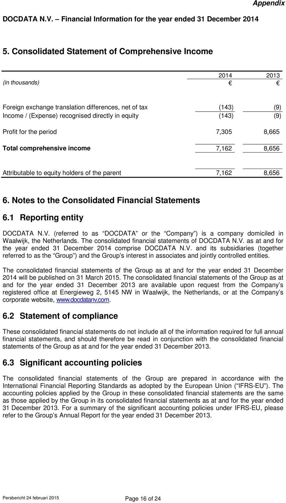 1 Reporting entity DOCDATA N.V. (referred to as DOCDATA or the Company ) is a company domiciled in Waalwijk, the Netherlands. The consolidated financial statements of DOCDATA N.V. as at and for the year ended 31 December 2014 comprise DOCDATA N.