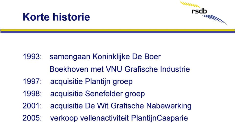 1998: acquisitie Senefelder groep 2001: acquisitie De Wit