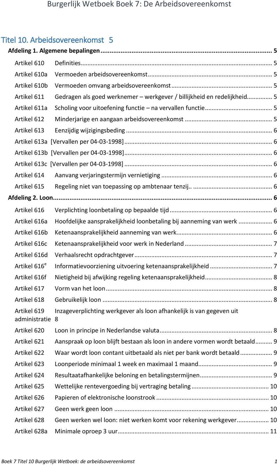 .. 5 Artikel 612 Minderjarige en aangaan arbeidsovereenkomst... 5 Artikel 613 Eenzijdig wijzigingsbeding... 6 Artikel 613a [Vervallen per 04-03-1998]... 6 Artikel 613b [Vervallen per 04-03-1998].