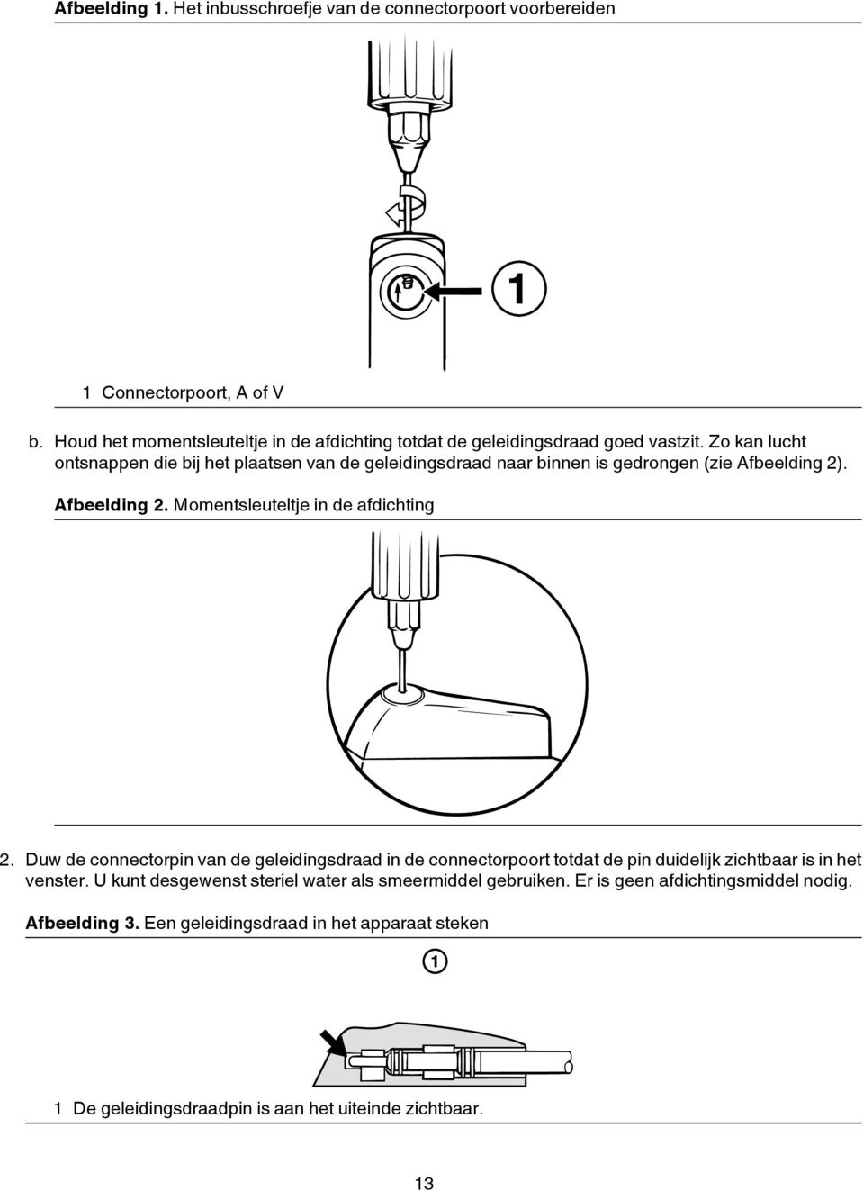 Zo kan lucht ontsnappen die bij het plaatsen van de geleidingsdraad naar binnen is gedrongen (zie Afbeelding 2). Afbeelding 2. Momentsleuteltje in de afdichting 2.