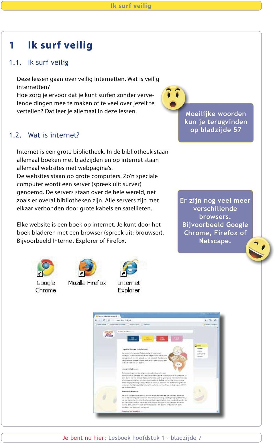 Internet is een grote bibliotheek. In de bibliotheek staan allemaal boeken met bladzijden en op internet staan allemaal websites met webpagina s. De websites staan op grote computers.