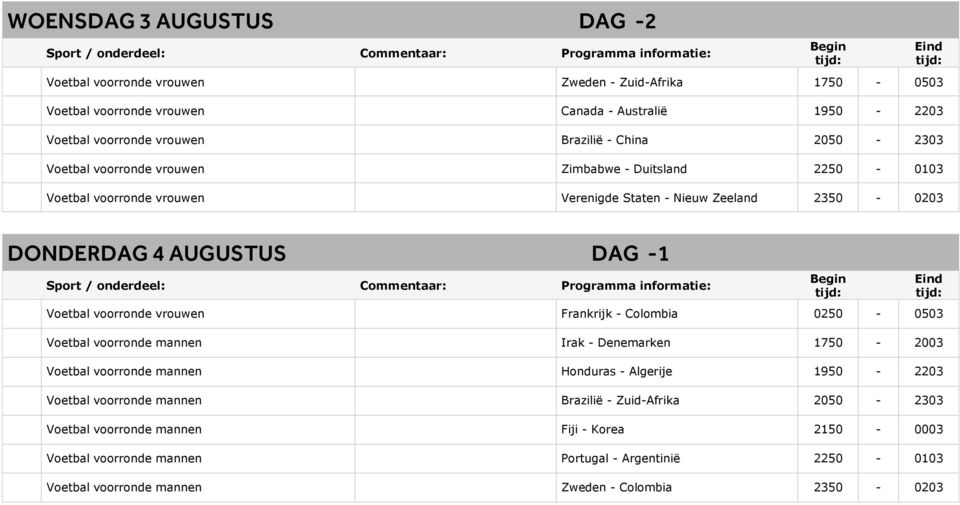 vrouwen Frankrijk - Colombia 0250-0503 Voetbal voorronde mannen Irak - Denemarken 1750-2003 Voetbal voorronde mannen Honduras - Algerije 1950-2203 Voetbal voorronde mannen Brazilië