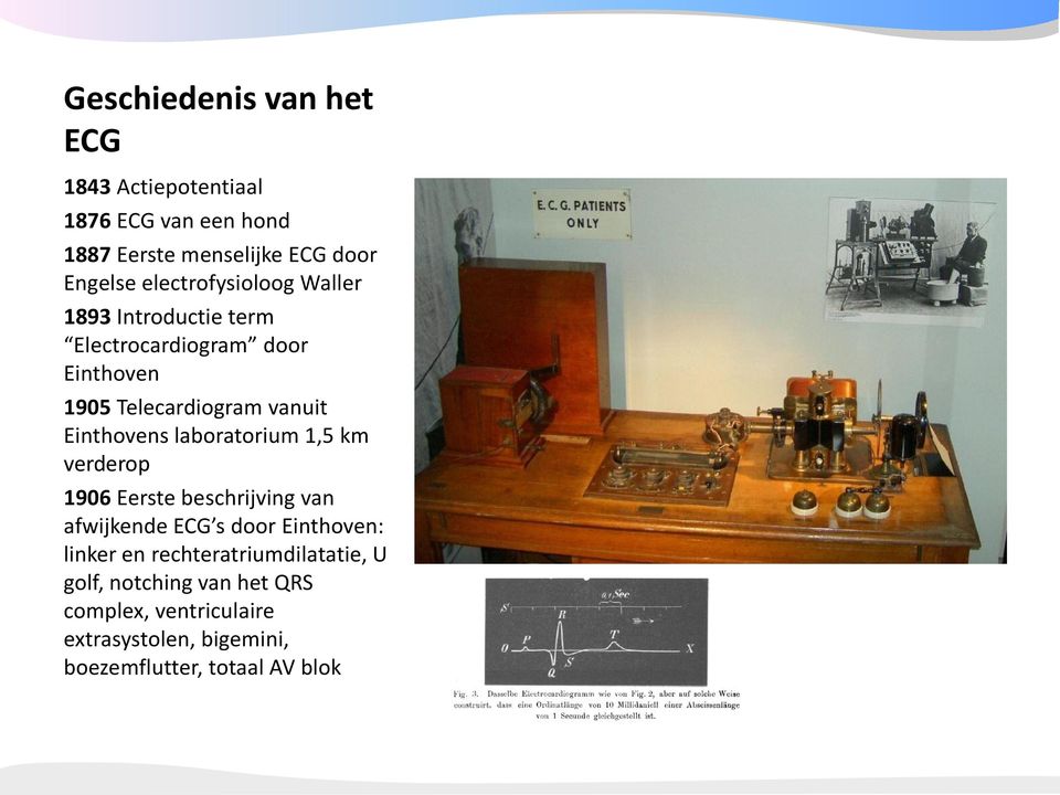 Einthovens laboratorium 1,5 km verderop 1906 Eerste beschrijving van afwijkende ECG s door Einthoven: linker en