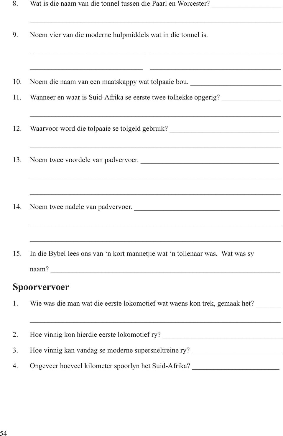 Noem twee voordele van padvervoer. 14. Noem twee nadele van padvervoer. 15. In die Bybel lees ons van n kort mannetjie wat n tollenaar was. Wat was sy naam? Spoorvervoer 1.