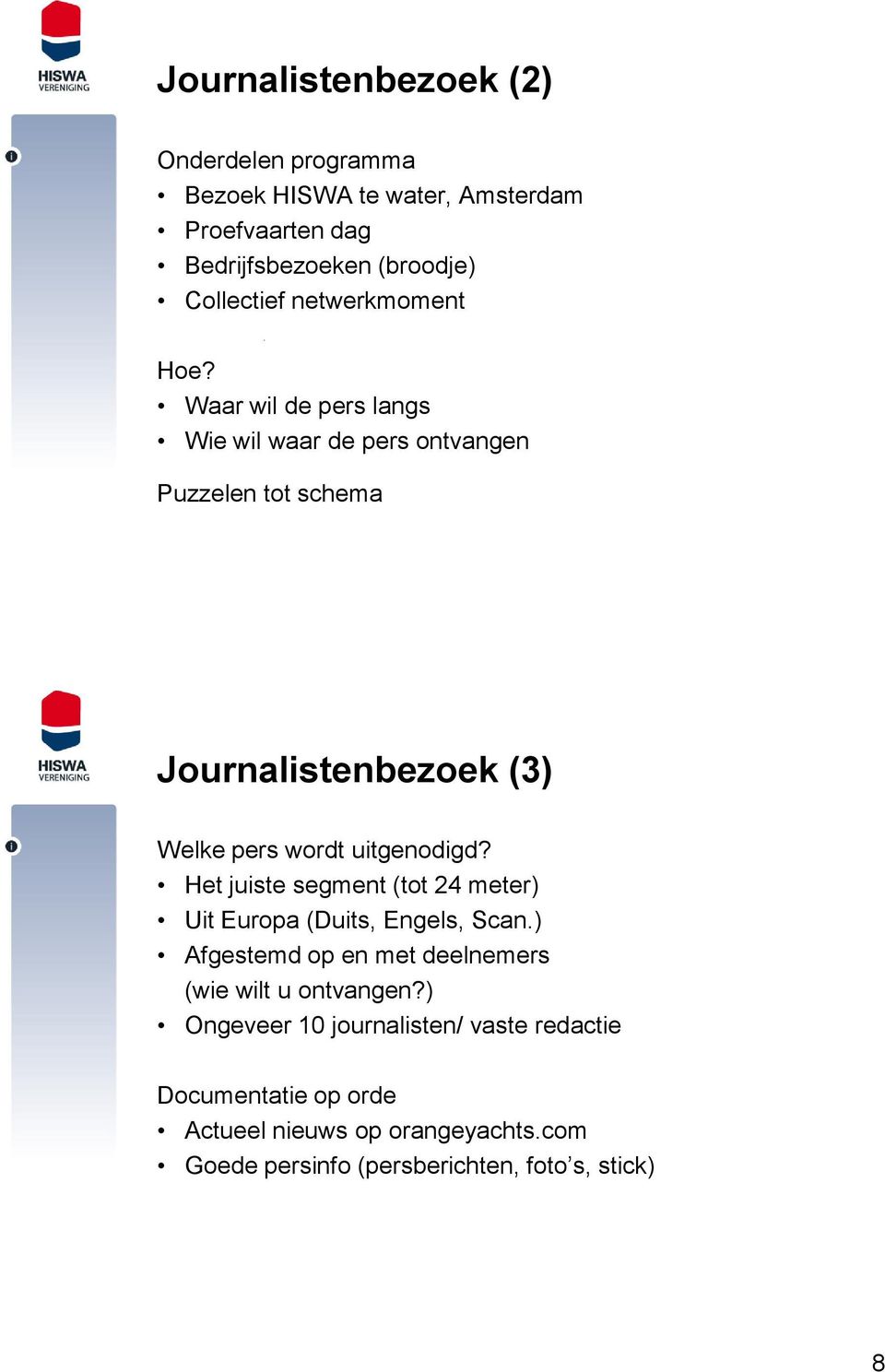 Waar wil de pers langs Wie wil waar de pers ontvangen Puzzelen tot schema Journalistenbezoek (3) Welke pers wordt uitgenodigd?