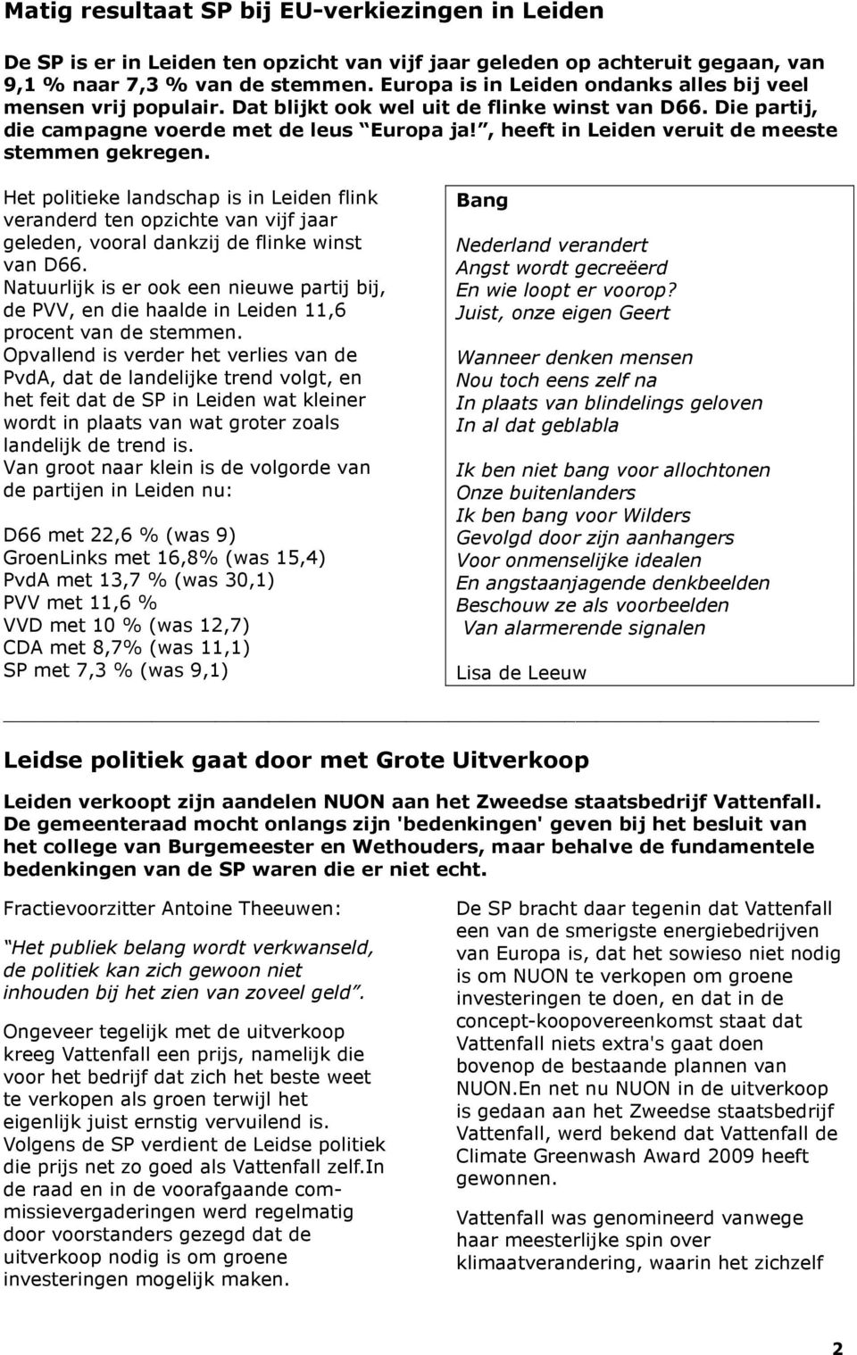 , heeft in Leiden veruit de meeste stemmen gekregen. Het politieke landschap is in Leiden flink veranderd ten opzichte van vijf jaar geleden, vooral dankzij de flinke winst van D66.
