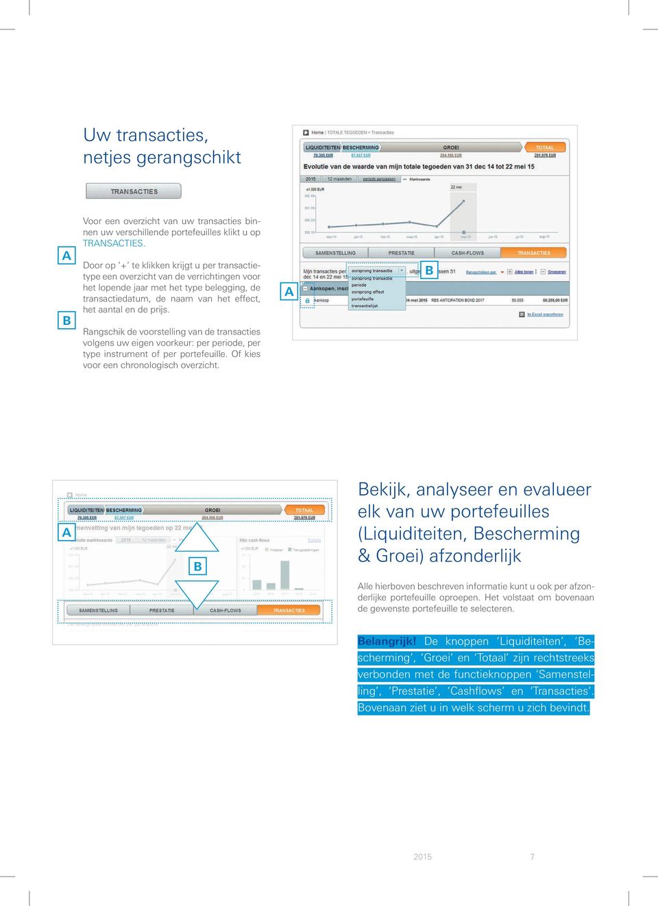 Rangschik de voorstelling van de transacties volgens uw eigen voorkeur: per periode, per type instrument of per portefeuille. Of kies voor een chronologisch overzicht.