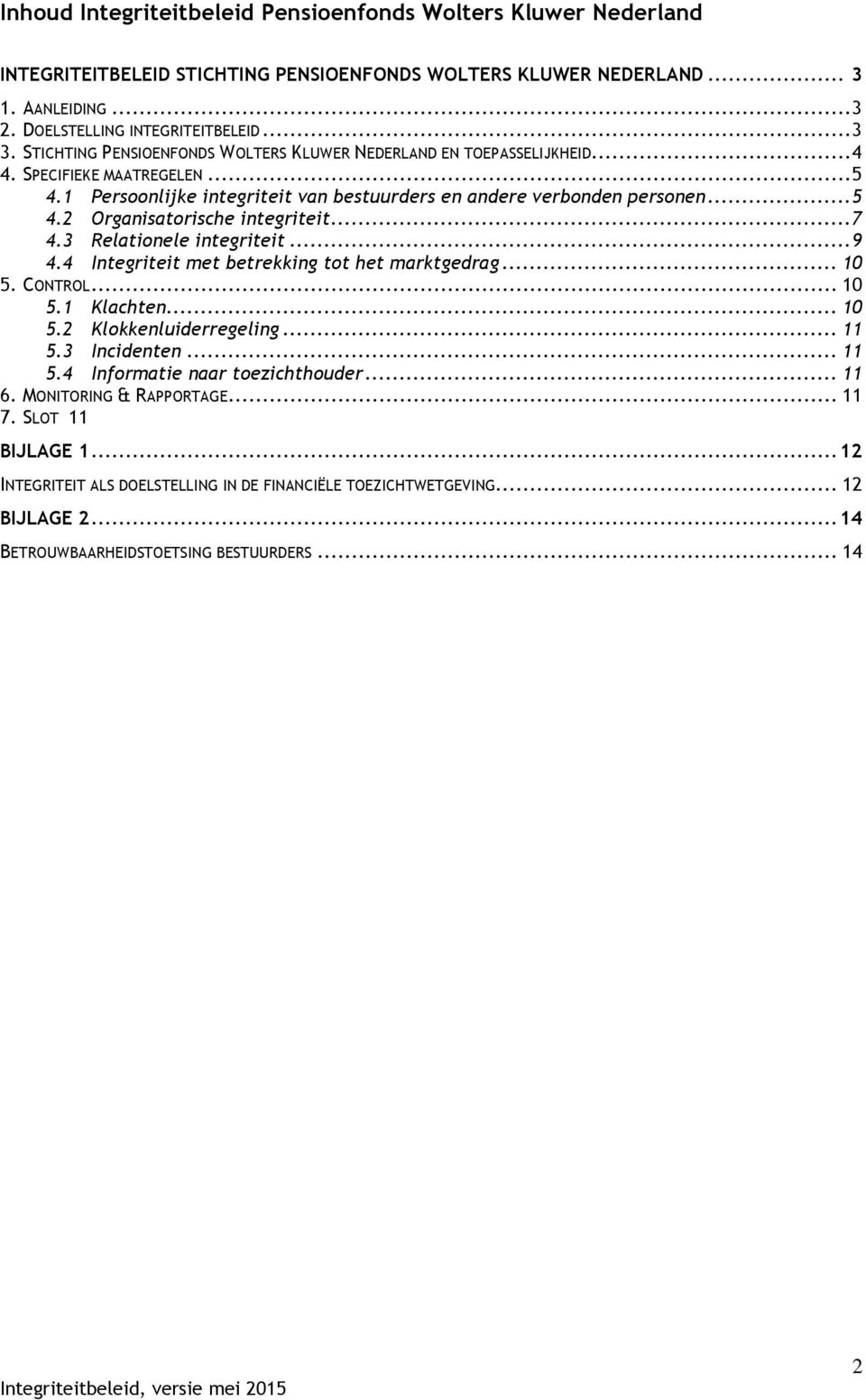 .. 7 4.3 Relationele integriteit... 9 4.4 Integriteit met betrekking tot het marktgedrag... 10 5. CONTROL... 10 5.1 Klachten... 10 5.2 Klokkenluiderregeling... 11 5.3 Incidenten... 11 5.4 Informatie naar toezichthouder.