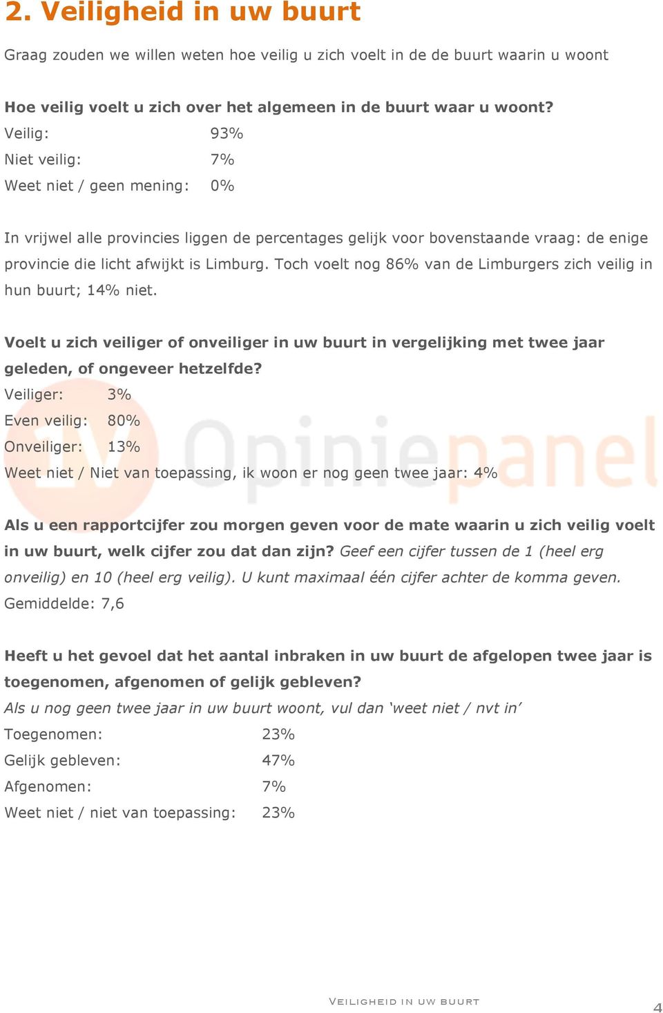 Toch voelt nog 86% van de Limburgers zich veilig in hun buurt; 14% niet. Voelt u zich veiliger of onveiliger in uw buurt in vergelijking met twee jaar geleden, of ongeveer hetzelfde?