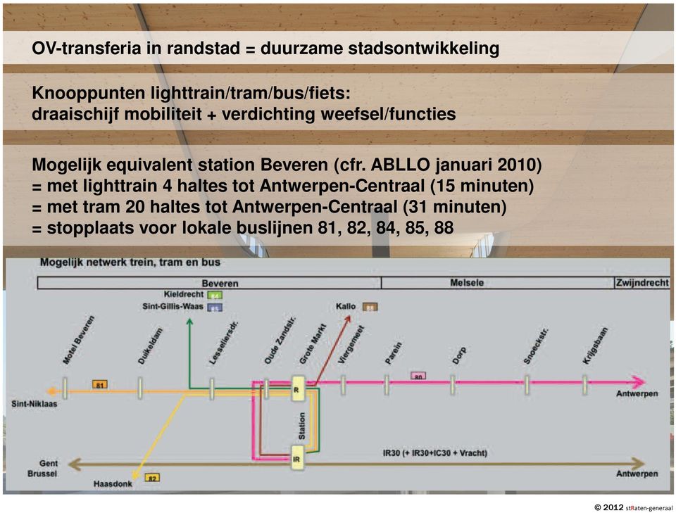 ABLLO januari 2010) = met lighttrain 4 haltes tot Antwerpen-Centraal (15 minuten) = met tram 20