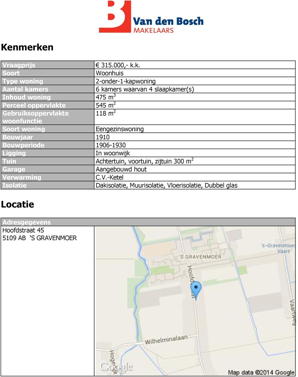 k. Soort Woonhuis Type woning 2-onder-1-kapwoning Aantal kamers 6 kamers waarvan 4 slaapkamer(s) Inhoud woning 475 m 3 Perceel