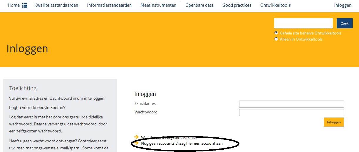 1 Account aanvragen Ga naar www.zorginzicht.nl Klik rechtsboven op: [Inloggen] Figuur 1: Klik rechtsboven op inloggen.