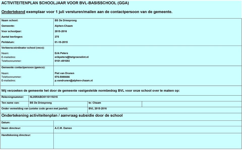 0161-491693 Gemeente contactpersoon (gemco): erikpeters@hetgroenelint.nl Naam: Piet van Drunen Telefoonnummer: 076-5086666 E-mailadres: p.vandrunen@alphen-chaam.