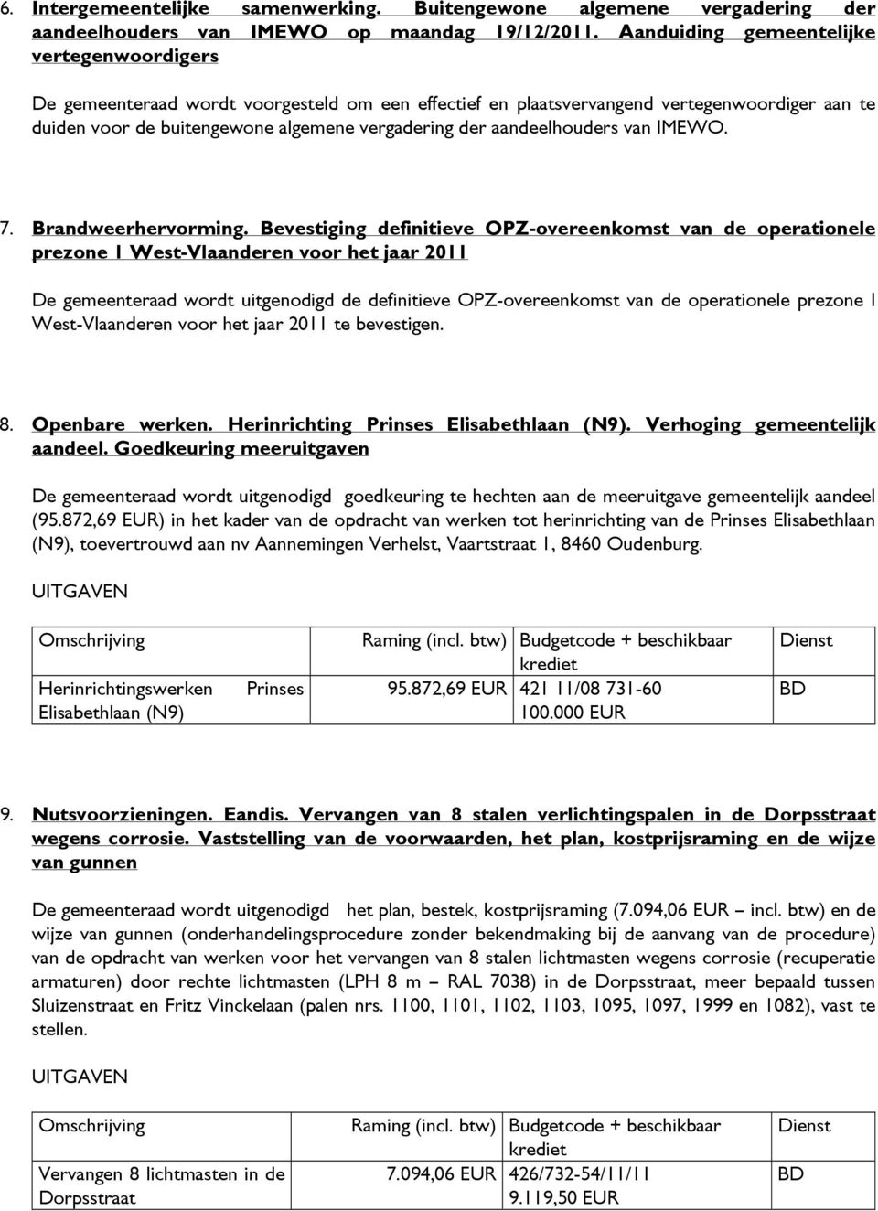 Bevestiging definitieve OPZ-overeenkomst van de operationele prezone 1 West-Vlaanderen voor het jaar 2011 De gemeenteraad wordt uitgenodigd de definitieve OPZ-overeenkomst van de operationele prezone