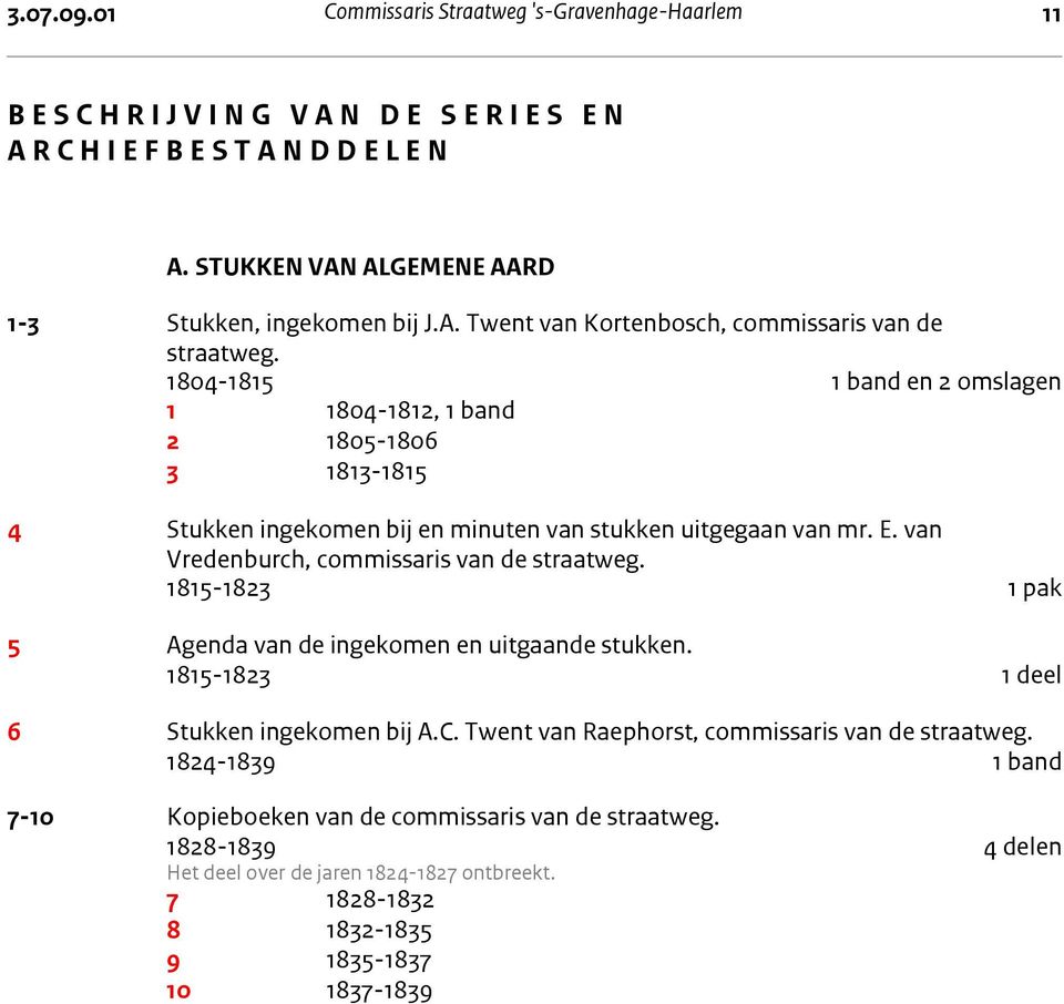 1804-1815 1 band en 2 omslagen 1 1804-1812, 1 band 2 1805-1806 3 1813-1815 4 Stukken ingekomen bij en minuten van stukken uitgegaan van mr. E. van Vredenburch, commissaris van de straatweg.