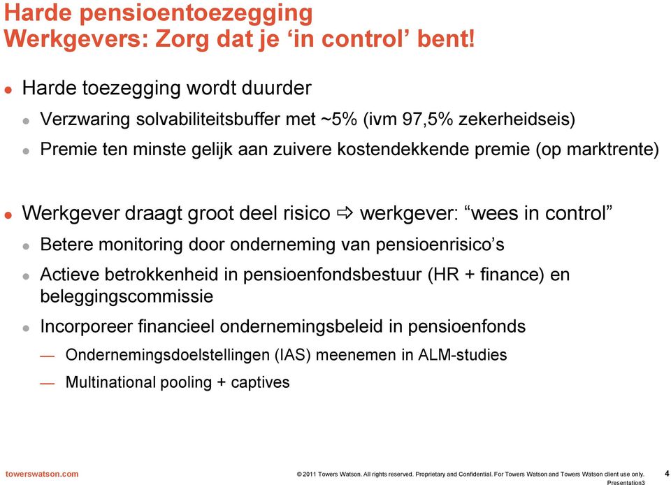 kostendekkende premie (op marktrente) Werkgever draagt groot deel risico werkgever: wees in control Betere monitoring door onderneming van