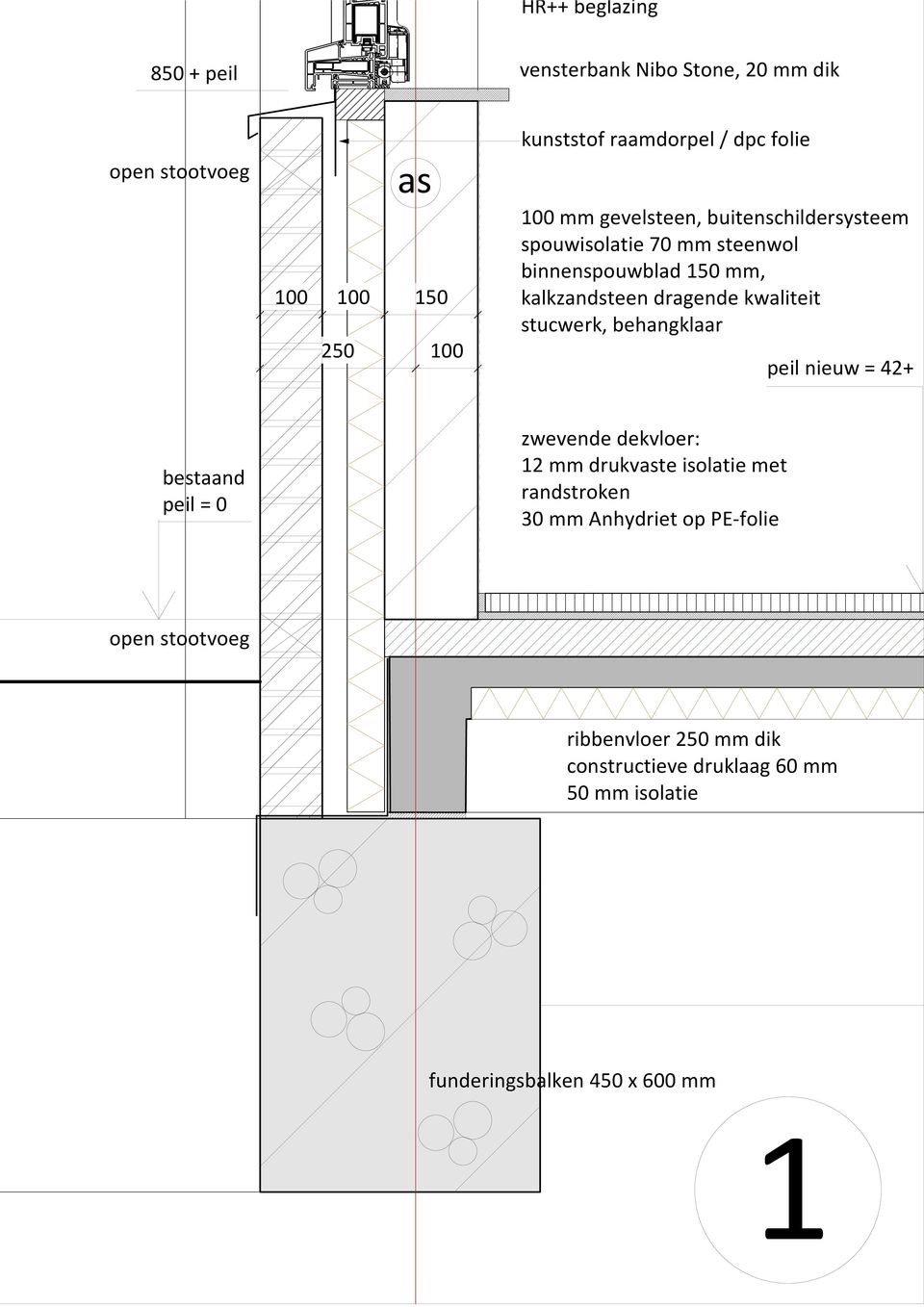 kwaliteit stucwerk, behangklaar peil nieuw = 42+ bestaand peil = 0 zwevende dekvloer: 12 mm drukvaste isolatie met randstroken