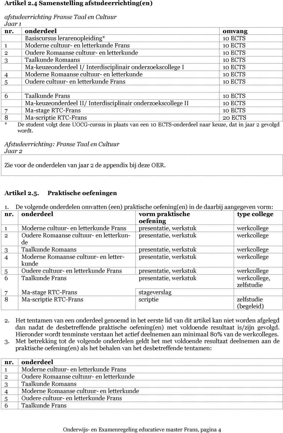 I/ Interdisciplinair onderzoekscollege I 10 ECTS 4 Moderne Romaanse cultuur- en letterkunde 10 ECTS 5 Oudere cultuur- en letterkunde Frans 10 ECTS 6 Taalkunde Frans 10 ECTS Ma-keuzeonderdeel II/