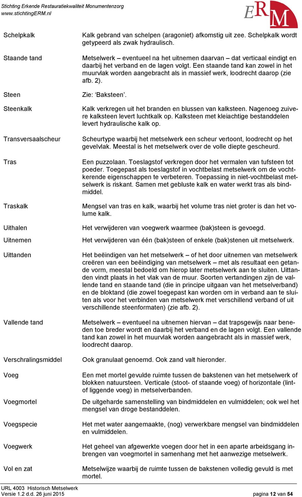 Een staande tand kan zowel in het muurvlak worden aangebracht als in massief werk, loodrecht daarop (zie afb. 2). Zie: Baksteen. Kalk verkregen uit het branden en blussen van kalksteen.