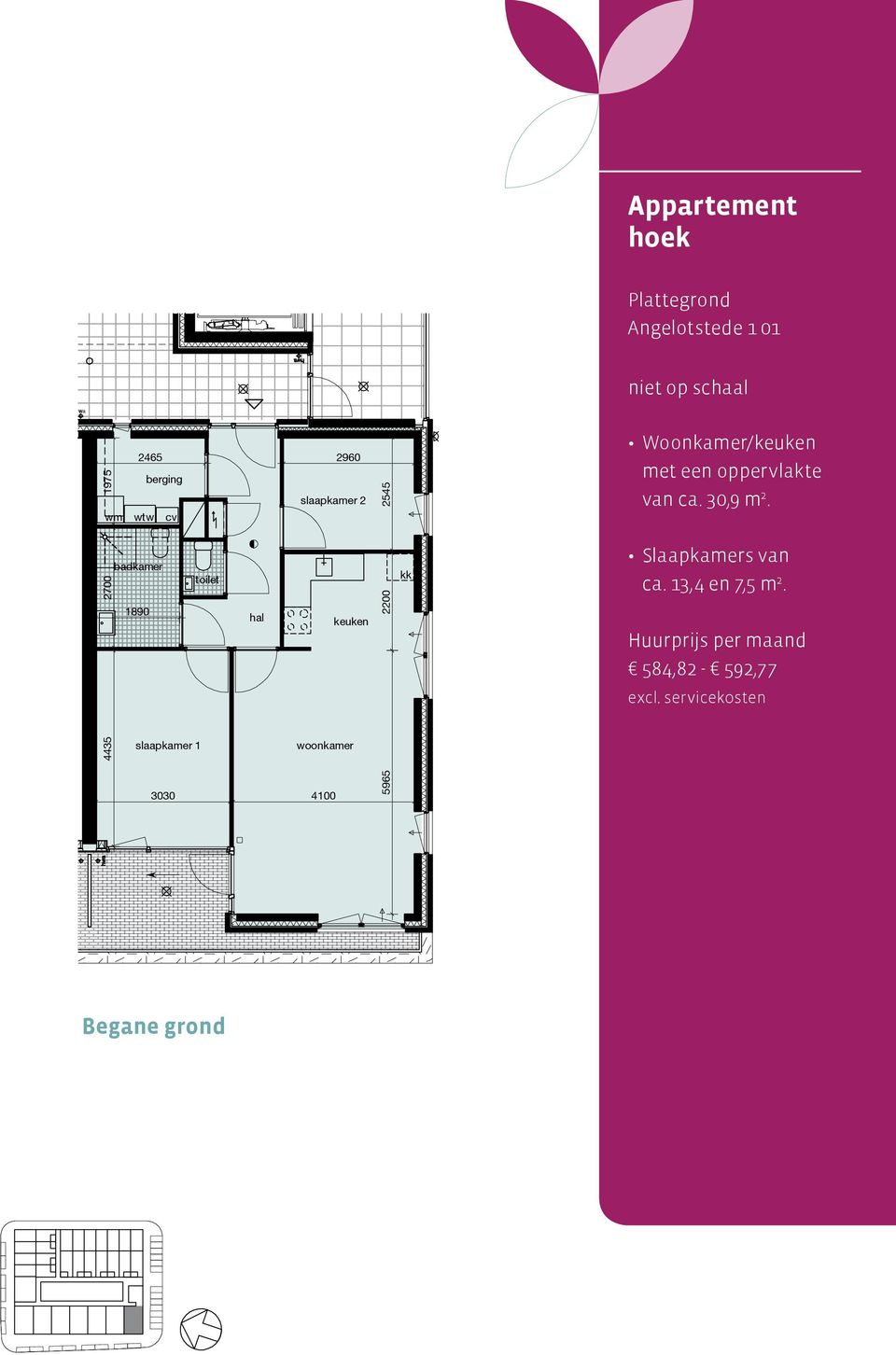 Slaapkamers van ca. 13,4 en 7,5 m 2. 584,82-592,77 excl.