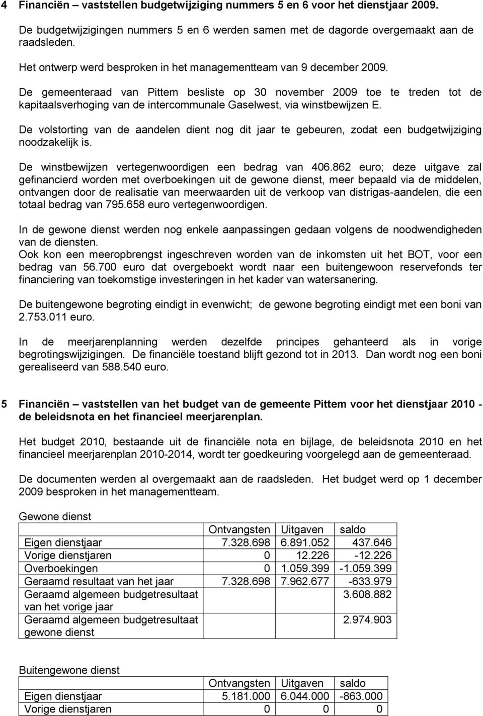 De gemeenteraad van Pittem besliste op 30 november 2009 toe te treden tot de kapitaalsverhoging van de intercommunale Gaselwest, via winstbewijzen E.