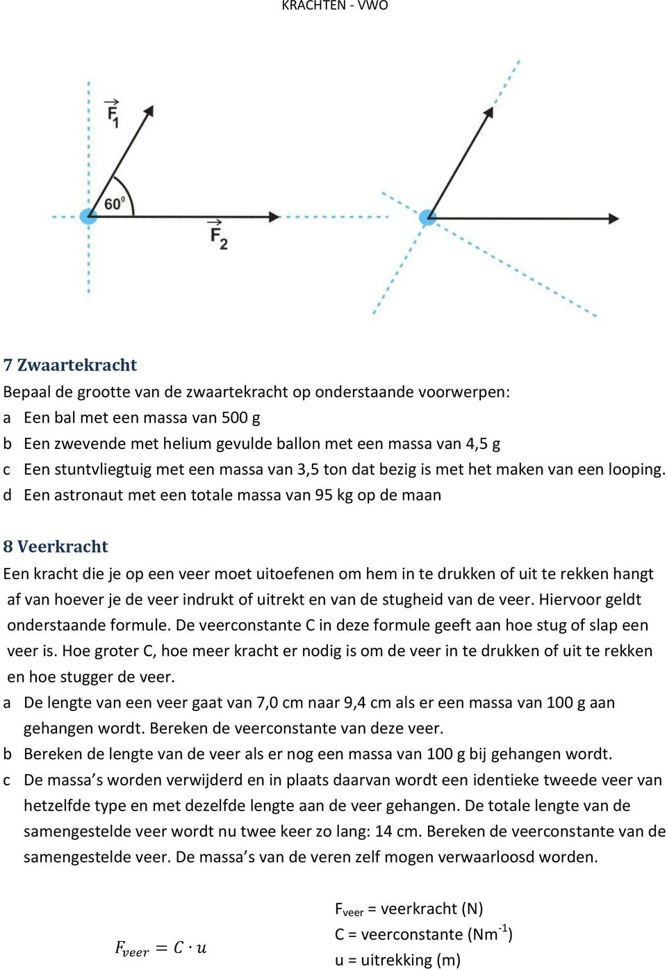 d Een astronaut met een totale massa van 95 kg op de maan 8 Veerkracht Een kracht die je op een veer moet uitoefenen om hem in te drukken of uit te rekken hangt af van hoever je de veer indrukt of