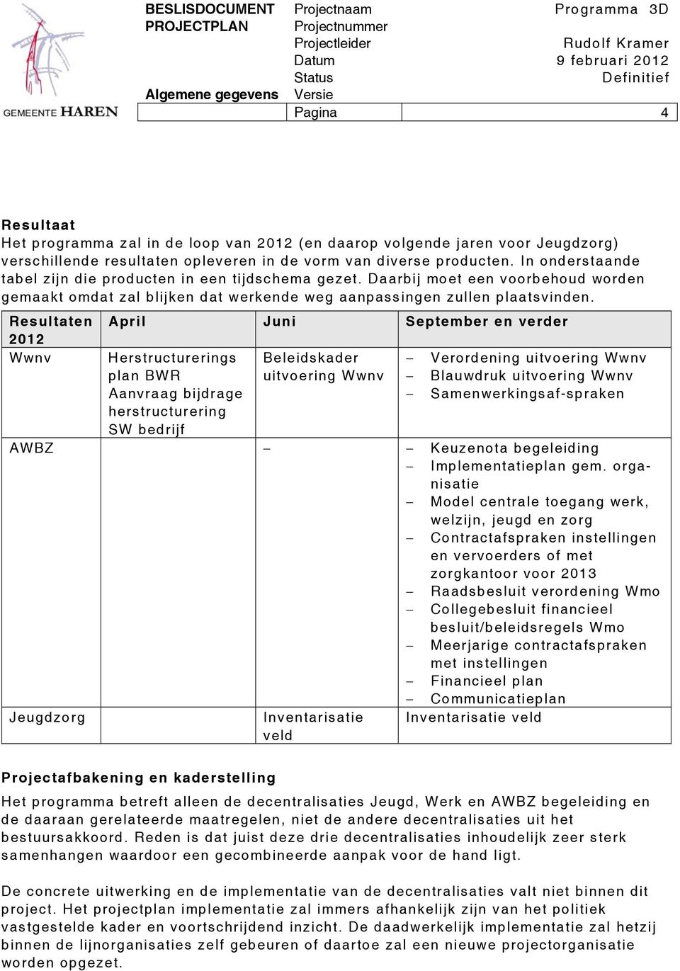 Resultaten 2012 Wwnv April Juni September en verder Herstructurerings plan BWR Aanvraag bijdrage herstructurering SW bedrijf Beleidskader uitvoering Wwnv Verordening uitvoering Wwnv Blauwdruk