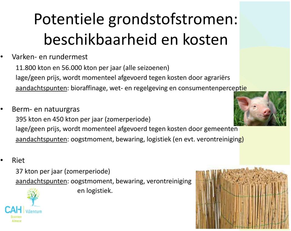 regelgeving en consumentenperceptie Berm- en natuurgras 395 kton en 450 kton per jaar (zomerperiode) lage/geen prijs, wordt momenteel afgevoerd