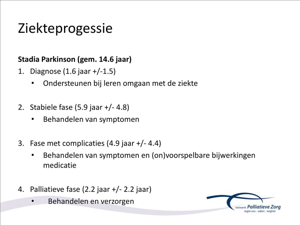 8) Behandelen van symptomen 3. Fase met complicaties (4.9 jaar +/- 4.