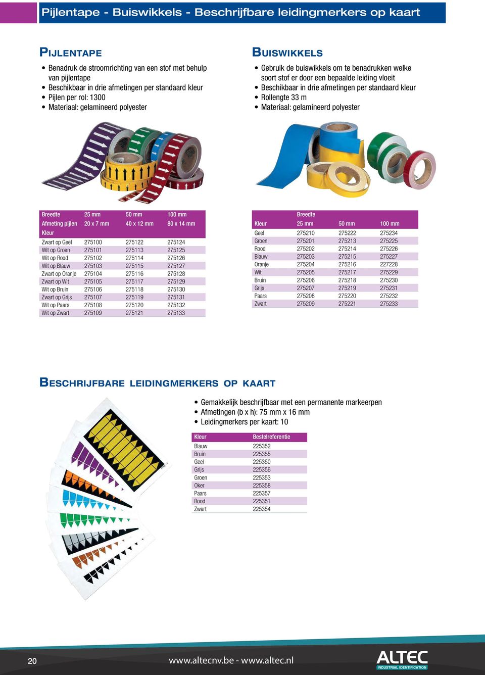 275118 275130 Zwart op Grijs 275107 275119 275131 Wit op Paars 275108 275120 275132 Wit op Zwart 275109 275121 275133 Breedte Kleur 25 mm 50 mm 100 mm Geel 275210 275222 275234 Groen 275201 275213