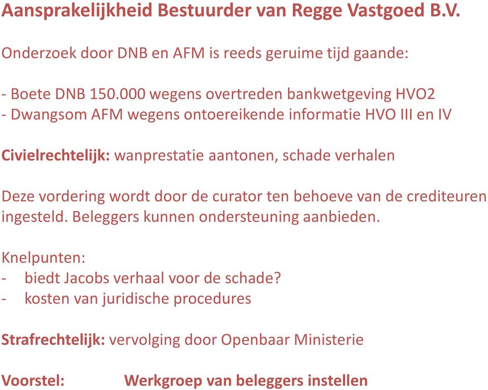 schade verhalen Deze vordering wordt door de curator ten behoeve van de crediteuren ingesteld. Beleggers kunnen ondersteuning aanbieden.