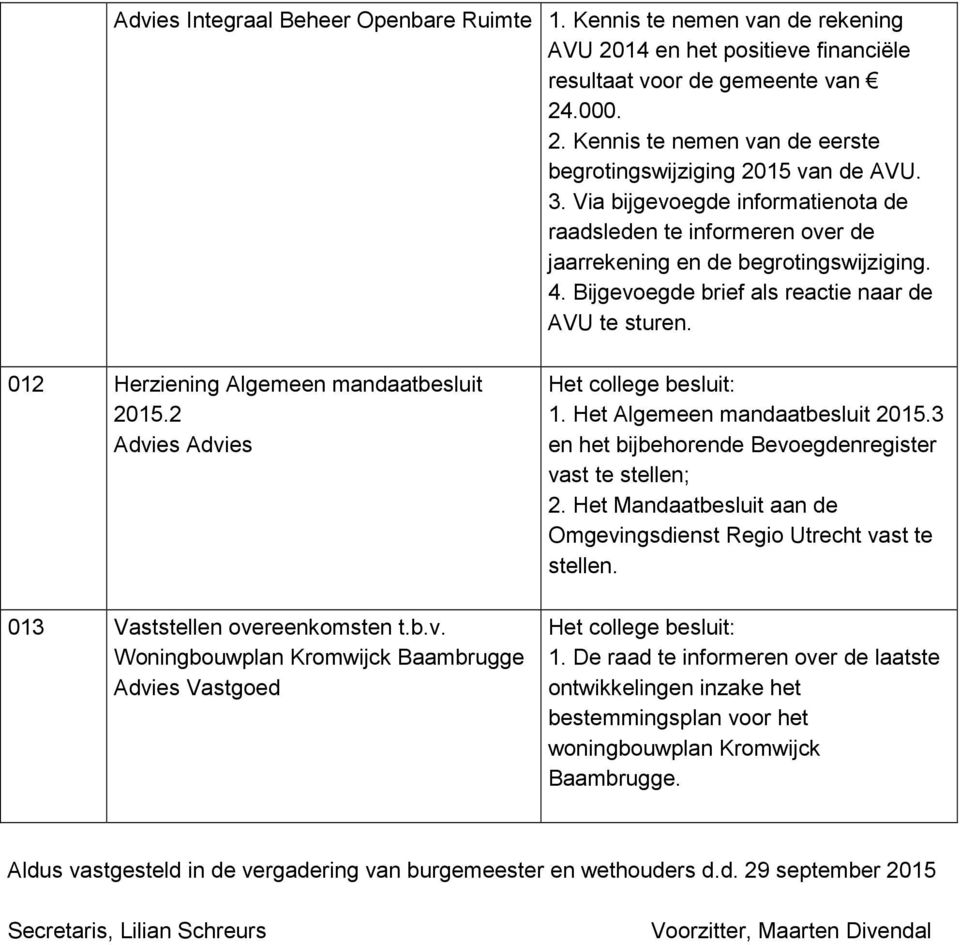 012 Herziening Algemeen mandaatbesluit 2015.2 Advies Advies 013 Vaststellen overeenkomsten t.b.v. Woningbouwplan Kromwijck Baambrugge Advies Vastgoed Het college besluit: 1.