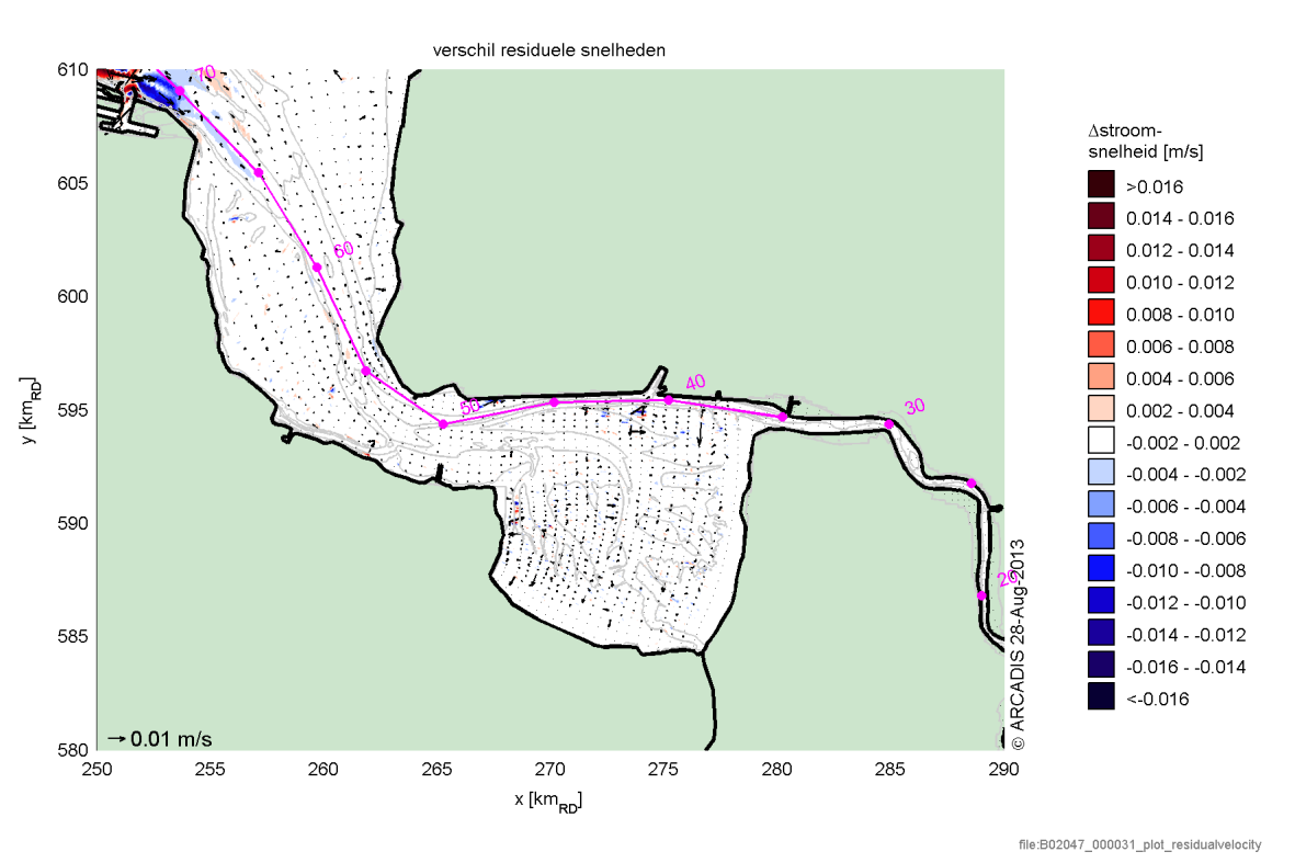 Figuur 117. Verschil residuele stroming in het zuidelijk deel van het Eemsestuarium tussen de situatie met verruimde vaargeul met keerplaats (2012 T2) en de huidige situatie (2012 T0).