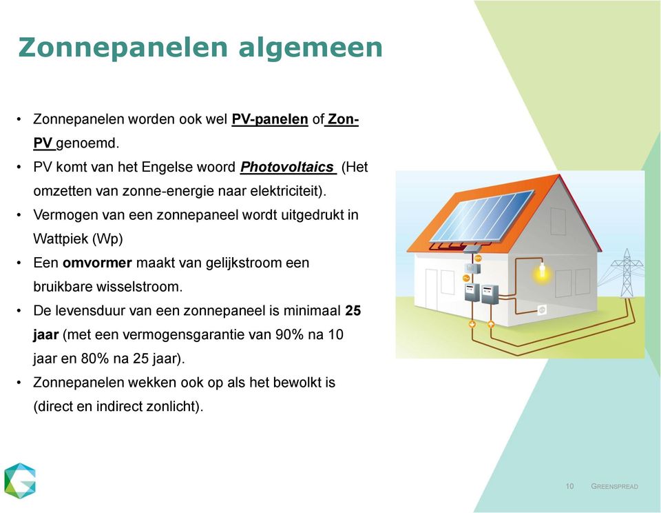 Vermogen van een zonnepaneel wordt uitgedrukt in Wattpiek (Wp) Een omvormer maakt van gelijkstroom een bruikbare wisselstroom.