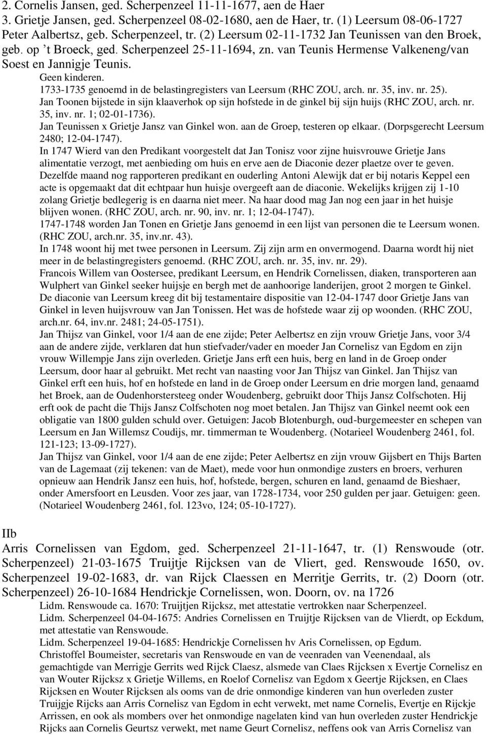 1733-1735 genoemd in de belastingregisters van Leersum (RHC ZOU, arch. nr. 35, inv. nr. 25). Jan Toonen bijstede in sijn klaaverhok op sijn hofstede in de ginkel bij sijn huijs (RHC ZOU, arch. nr. 35, inv. nr. 1; 02-01-1736).